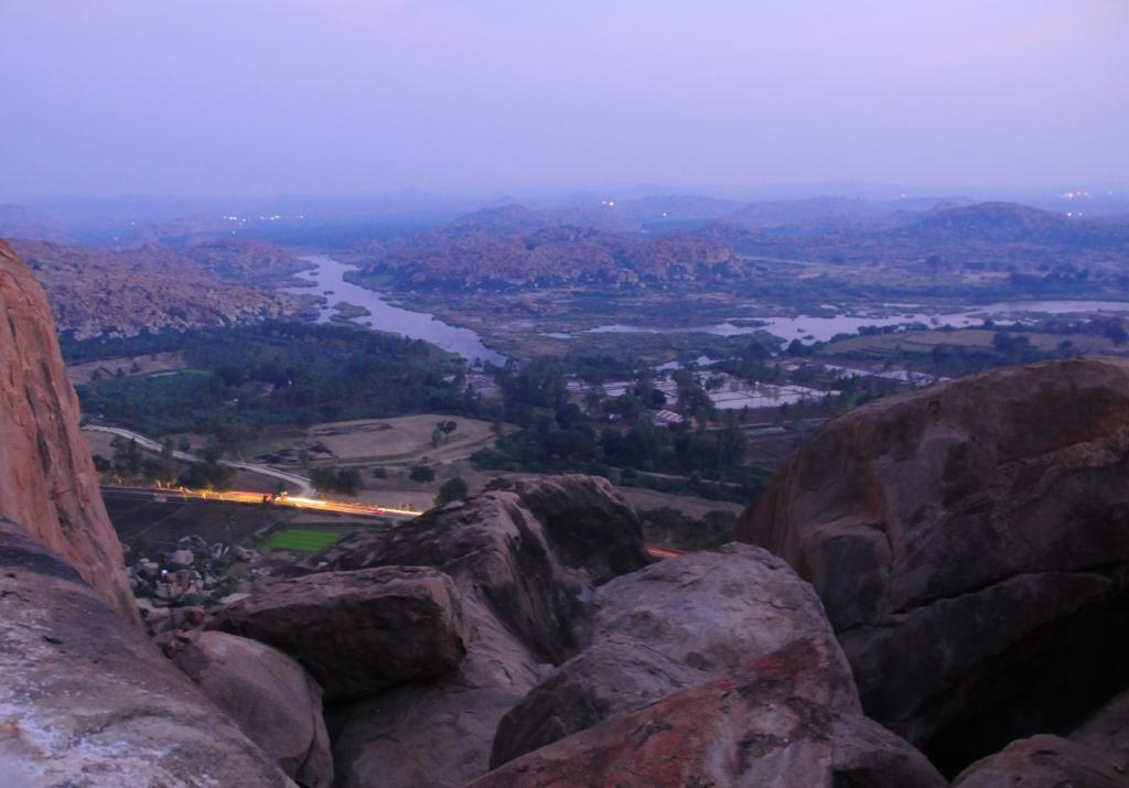 view of hampi from hanuman temple from the top of a hilock
