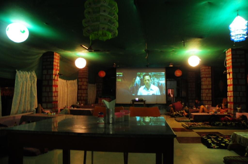 gauthami guess house- lunhc/dinner plce. Hotels in Hampi screen a movie every night. Fightclub was on on this particular night.