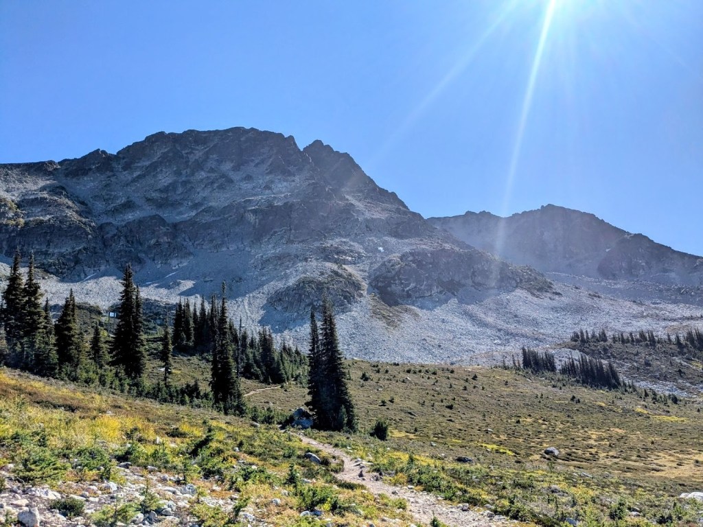 Approach trail to Blackcomb lake, with the Blackcomb buttress and DOA buttress visible ahead