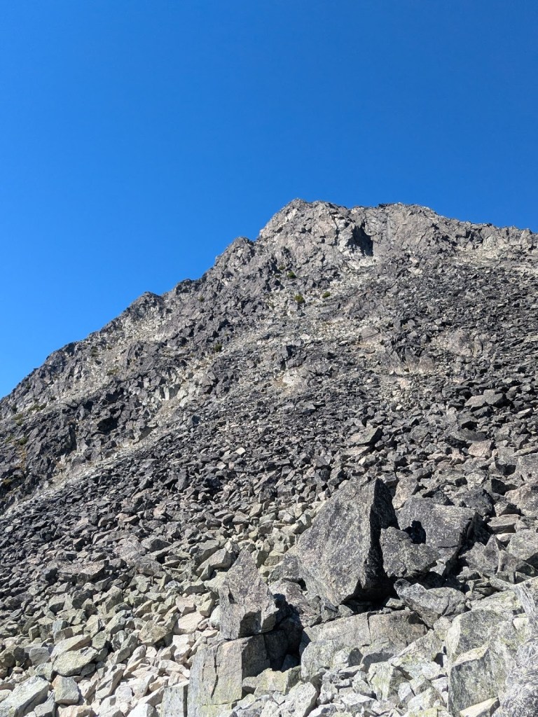 Descending loose rock gully from Blackcomb Peak to Blackcomb Lake