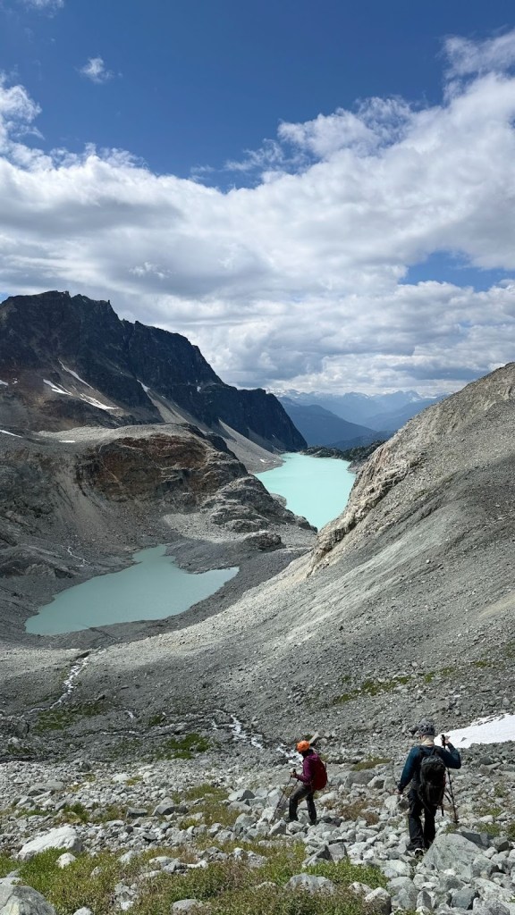Wedgemount lake comes into the view on the descent from Mount Weart 