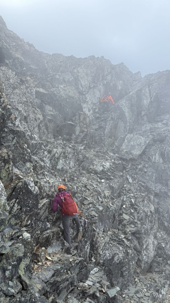 Scrambling along the exposed ridge of the Armchair Traverse between Mount Cook and Mount Weart