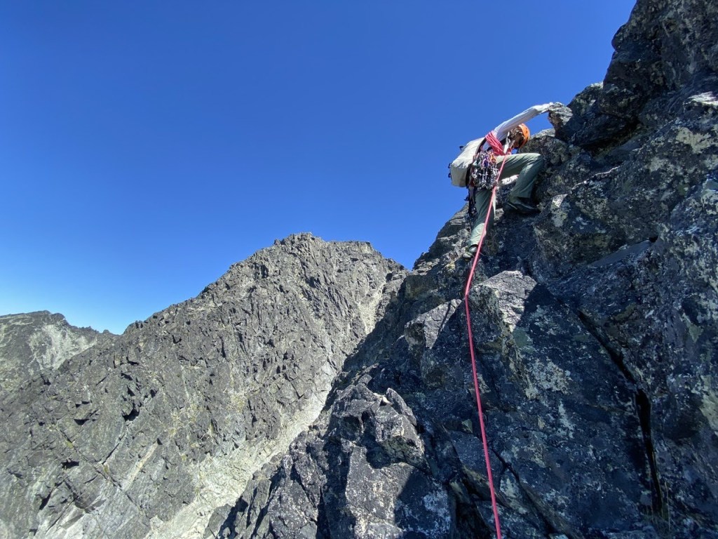 Leading while simul climbing on the DOA Buttress alpine rock route on Blackcomb Peak