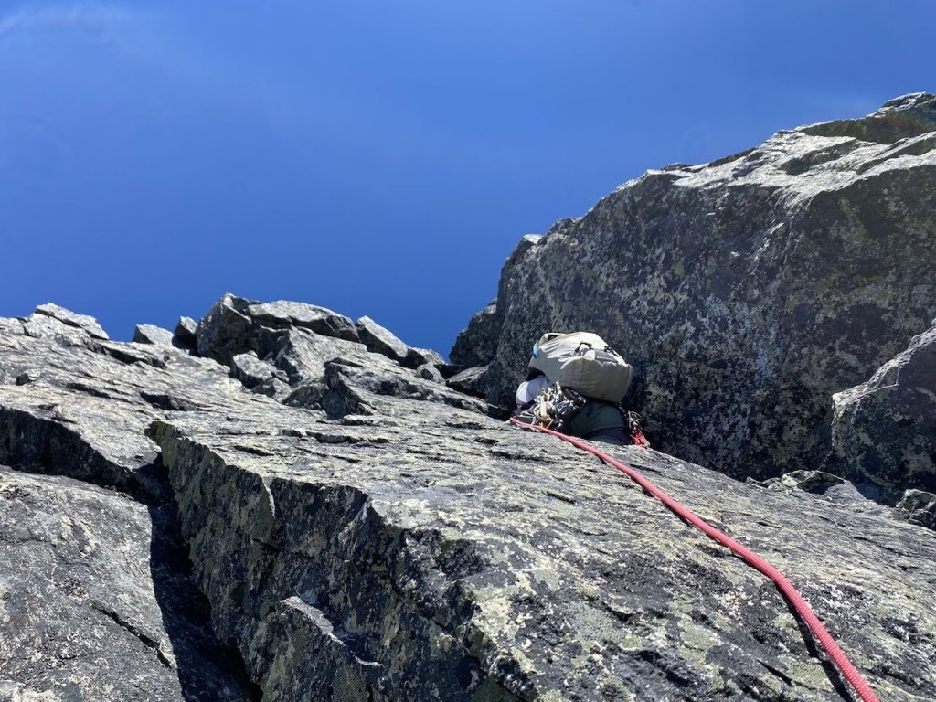 The 5.7 final pitch corner on the DOA Buttress route Blackcomb Peak