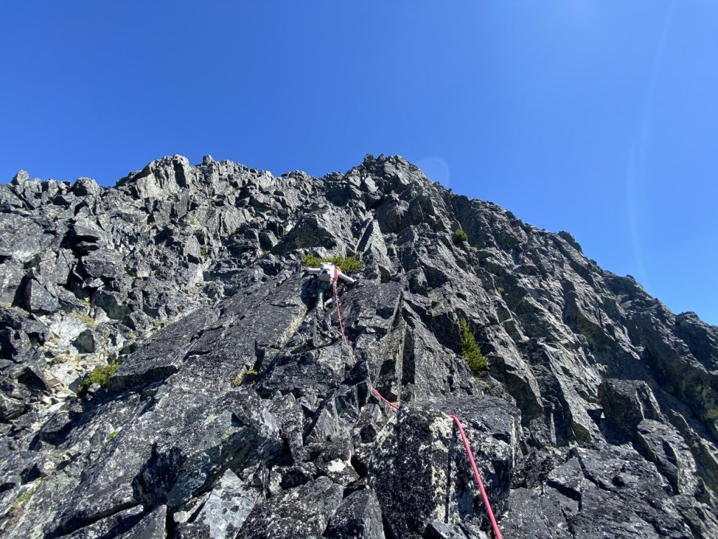 Leading while simul climbing on the DOA Buttress alpine rock route on Blackcomb Peak