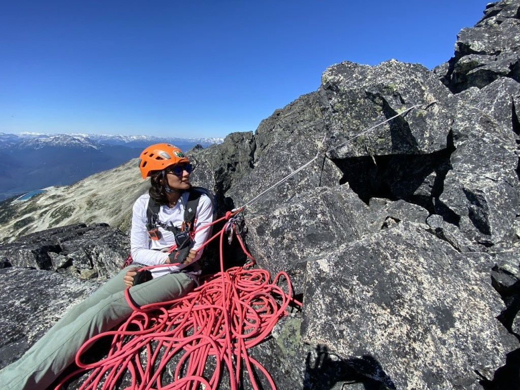 Belaying from a ledge on the DOA Buttress Blackcomb Peak